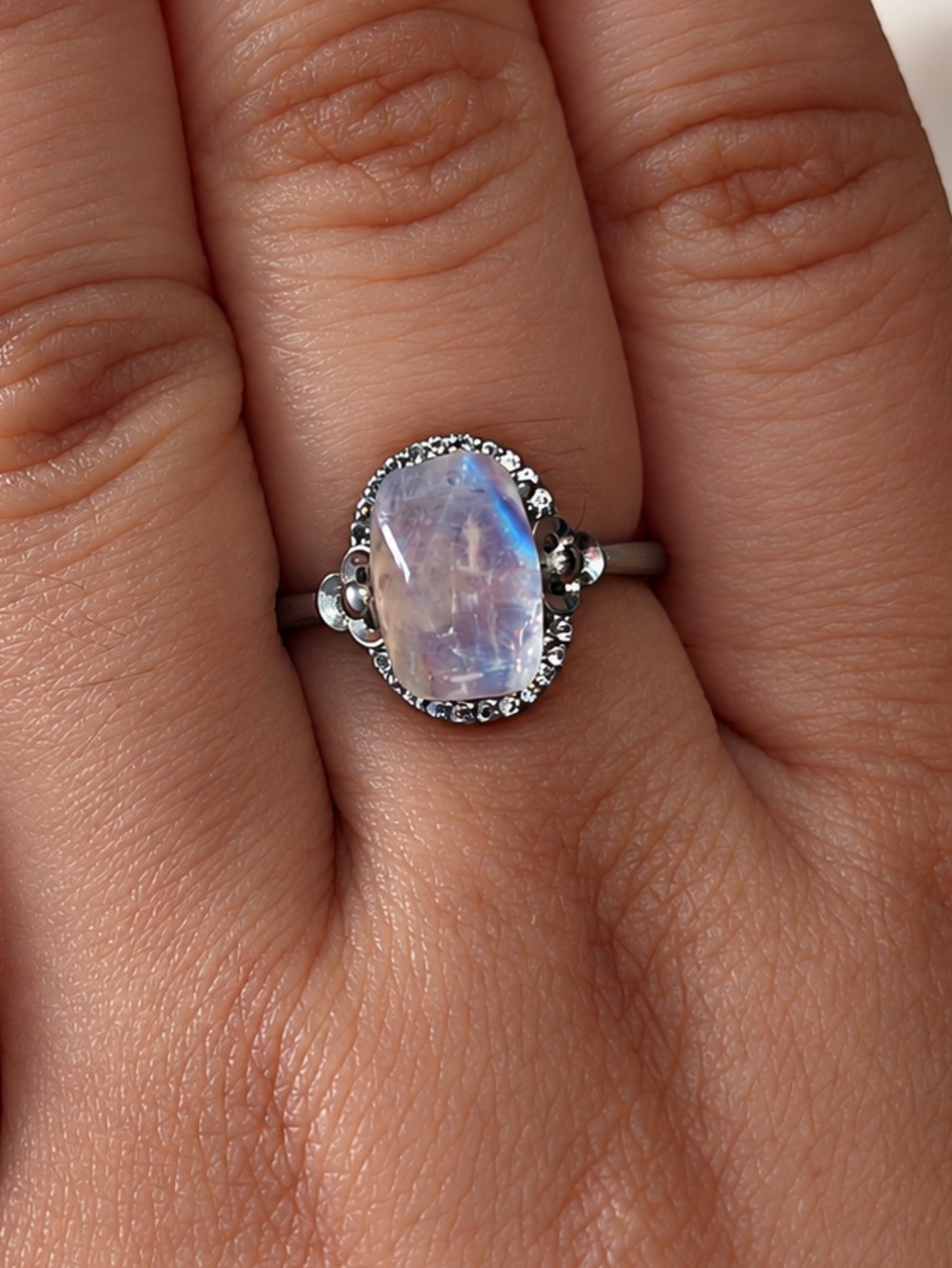 Rainbow Moonstone Halo Silver Plated Ring | Iridescent Pink-Purple